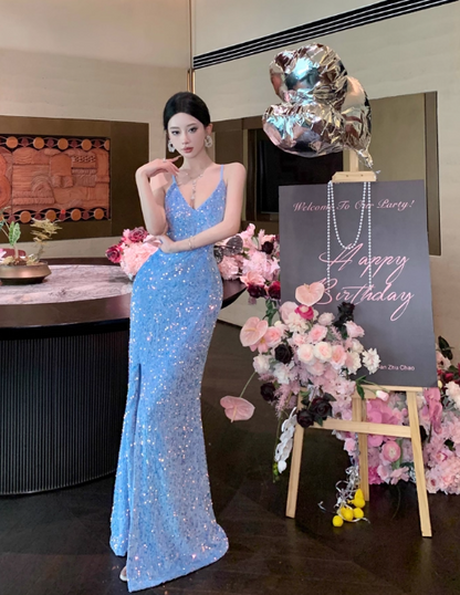 Vintage Sky Blue V-Neck Sequin Evening Gown Sheath Slit Prom Dress TP5145