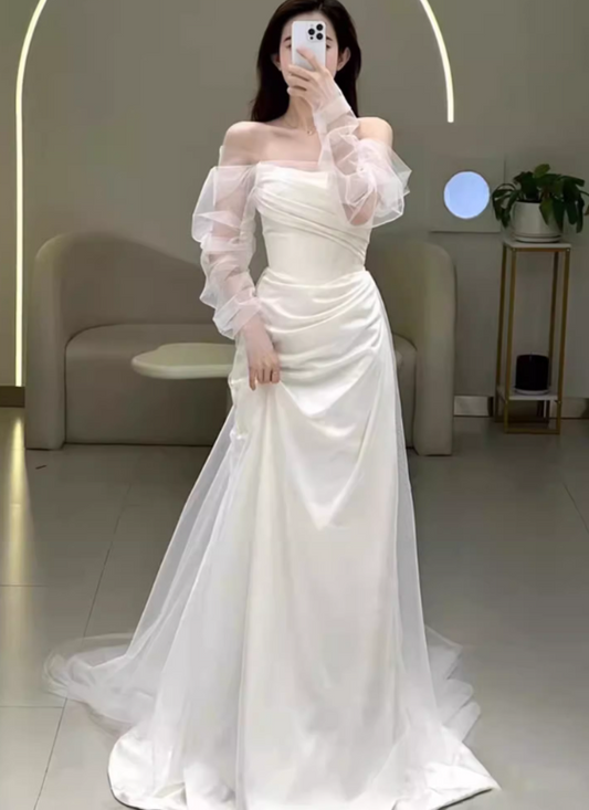 Glamorous Off-Shoulder Ivory Satin Sheer Tulle Puff Sleeve Sheath Train Wedding Dress TP5310