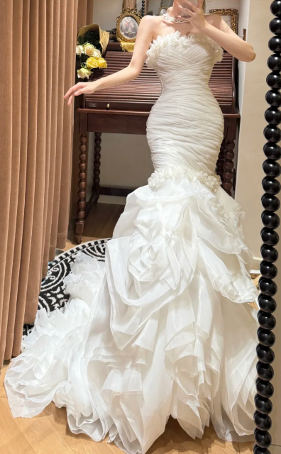 Chic Strapless Ruched Mermaid 3D Ruffled Floral Dramatic Train Wedding Dress TP5329
