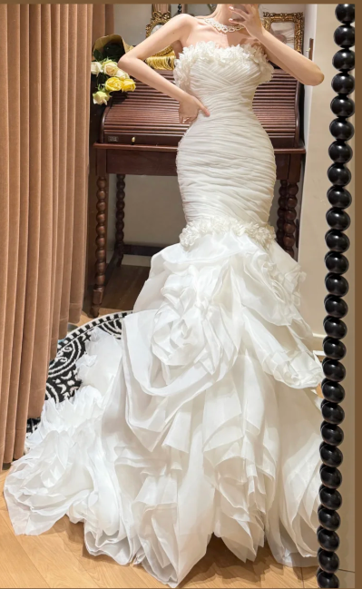 Chic Strapless Ruched Mermaid 3D Ruffled Floral Dramatic Train Wedding Dress TP5329