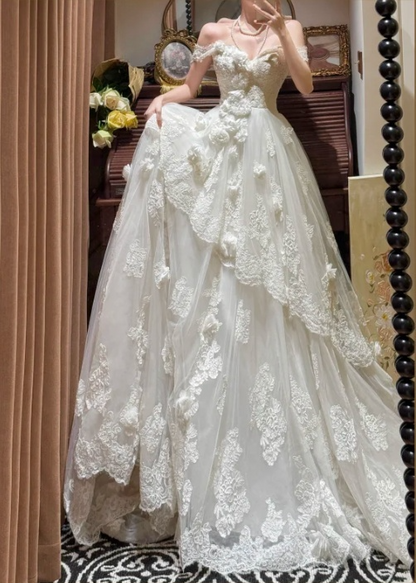 Vintage-Inspired 3D Floral Lace Off-Shoulder Tulle Intricate Embroidery Wedding Dress TP5331