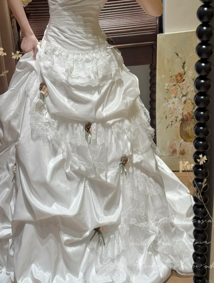 Vintage-Inspired 3D Florals Lace Ruffled Detachable Straps Wedding Dress TP5332