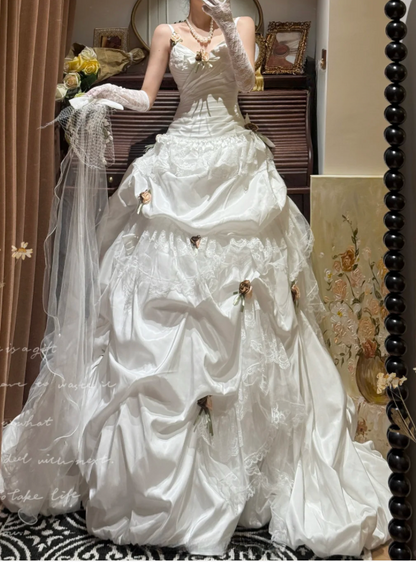 Vintage-Inspired 3D Florals Lace Ruffled Detachable Straps Wedding Dress TP5332