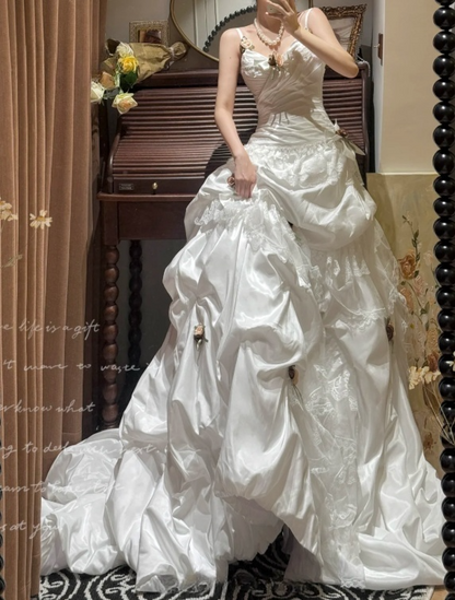 Vintage-Inspired 3D Florals Lace Ruffled Detachable Straps Wedding Dress TP5332