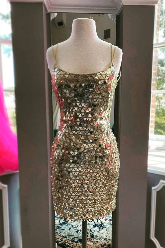 Gold glitter sexy tight spaghetti strap short sequin homecoming dress evening dress cocktail party dress gh1216