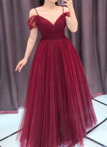 Wine Red Straps Off Shoulder A-Line Tulle Evening Dress Party Dress, Dark Red Prom Dress Formal Gown gh84