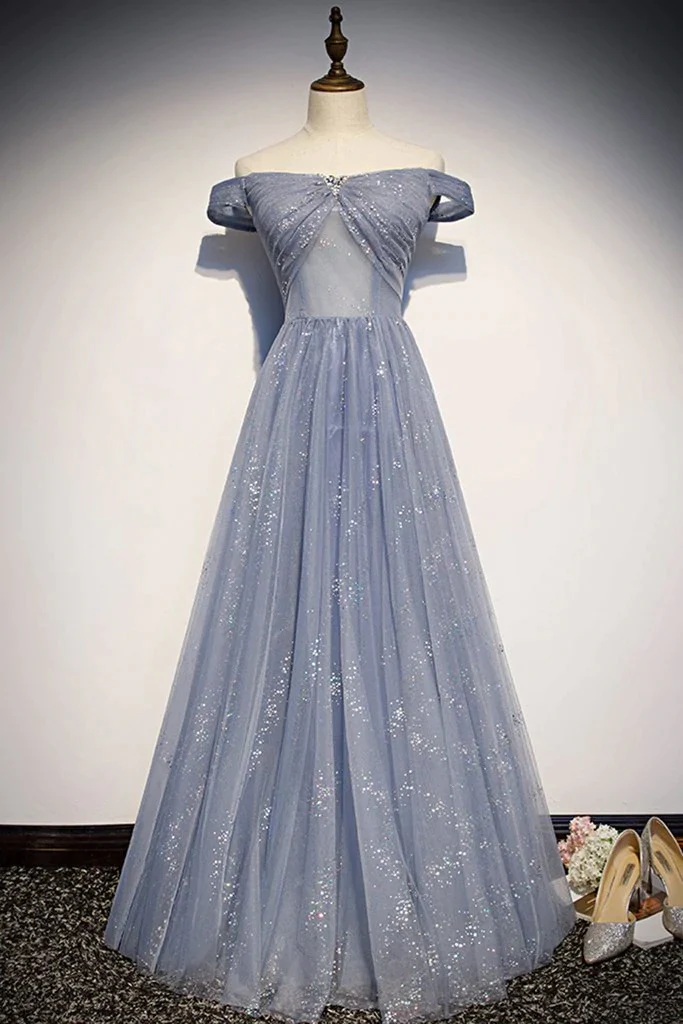 Beautiful Long Strapless Blue Tulle Beaded Long, A Line Off Shoulder Prom Dress gh7