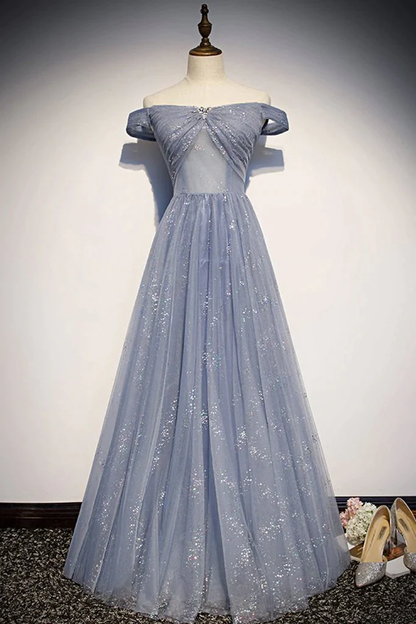 Beautiful Long Strapless Blue Tulle Beaded Long, A Line Off Shoulder Prom Dress gh7