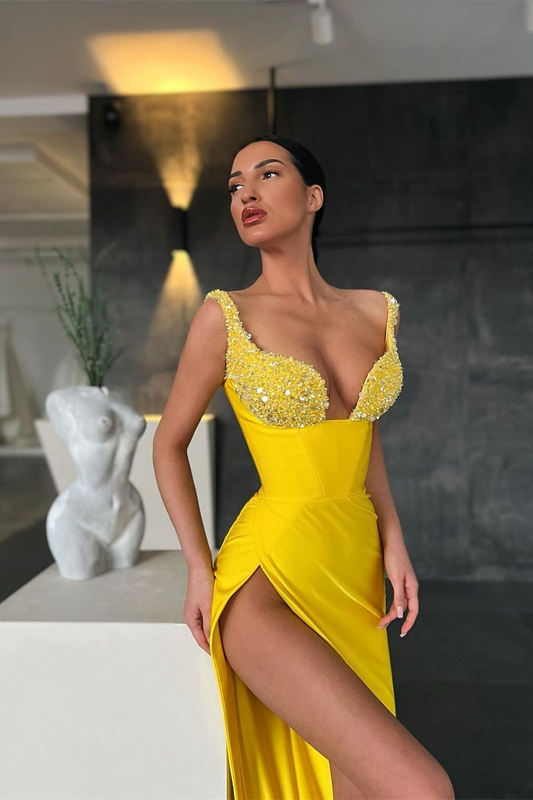 Yellow Sequins Straps Mermaid Prom Dress With Slit gh638