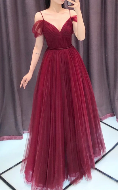 Wine Red Straps Off Shoulder A-Line Tulle Evening Dress Party Dress, Dark Red Prom Dress Formal Gown gh84
