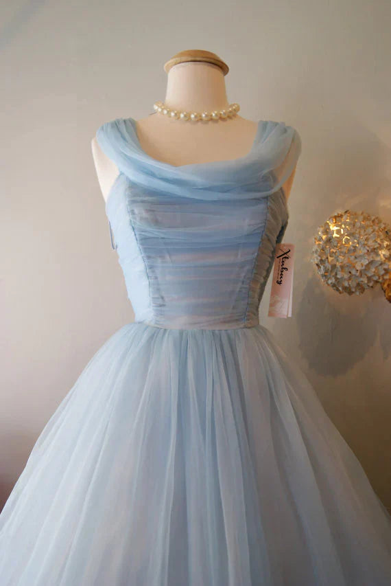 Retro Light Blue Tulle Design A-line Chiffon Party Dress Homecoming Dress Prom Dress Bridesmaid Dress TP4130
