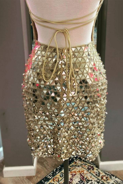 Gold glitter sexy tight spaghetti strap short sequin homecoming dress evening dress cocktail party dress gh1216