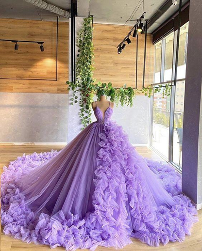 Purple gorgeous fashion V-neck beaded long tulle floor-length trailing ball gown prom dress evening gown wedding dress gh1803