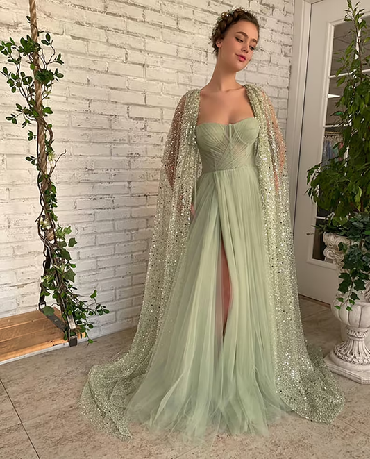 Sage Green Prom dress A line Floor-length Aurora Cape Tulle Prom Dress  gh1828