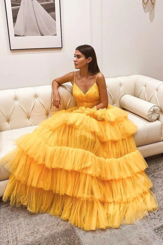 Layers Tulle Yellow Prom Dresses with Ruching Bodice gh2343