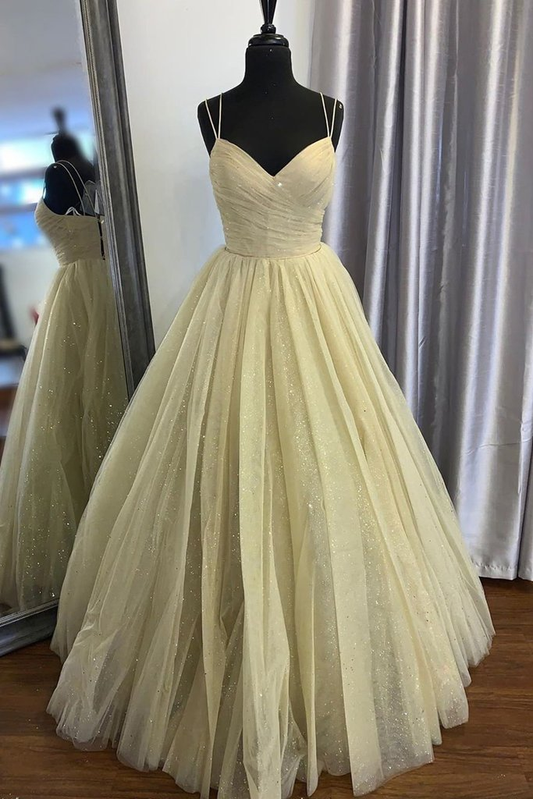 Stylish V Neck Open Back Dark Yellow Prom Dress , Shiny V Neck Dark Yellow Formal Evening Dress, Sparkly Yellow Ball Gown gh2479