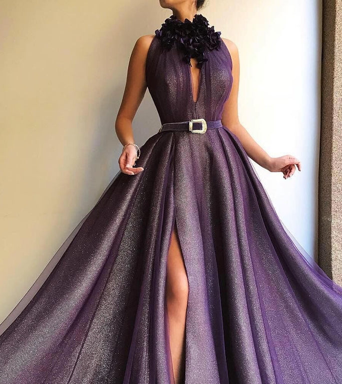 Pretty Halter Long Front Split Purple Prom Dress With Handmade Flower  gh2148