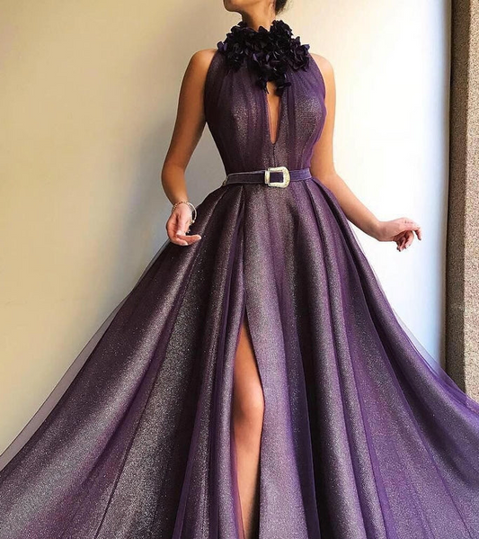 Pretty Halter Long Front Split Purple Prom Dress With Handmade Flower  gh2148