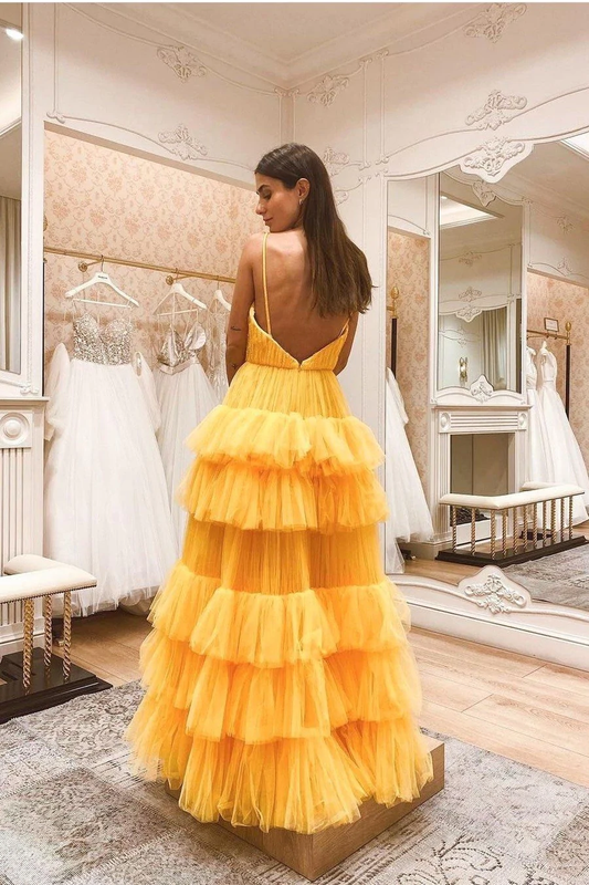Layers Tulle Yellow Prom Dresses with Ruching Bodice gh2343