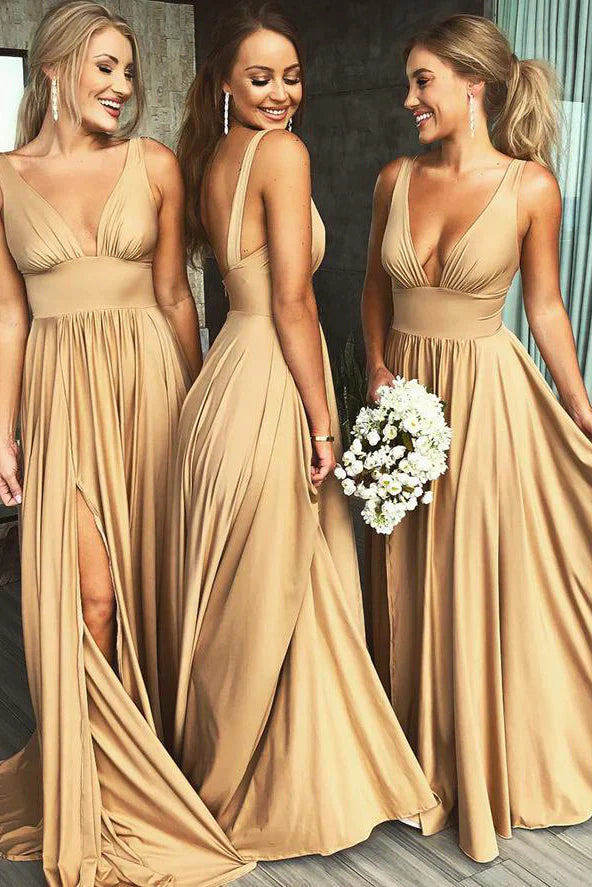 Elegant V-neck A-Line Satin High Slit Party Dress Evening Gown Bridesmaid Dress TP4298