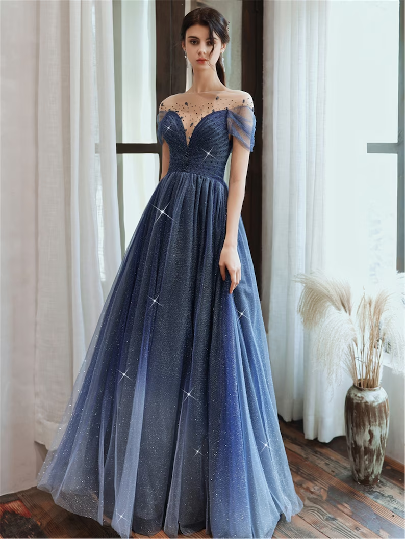 Starry Blue Prom Dress Off Shoulder Floral Event Dress Sparkling Long Party Dress Aline Event Dress Gradient Long Dress Fairy Glitter Dress gh2637