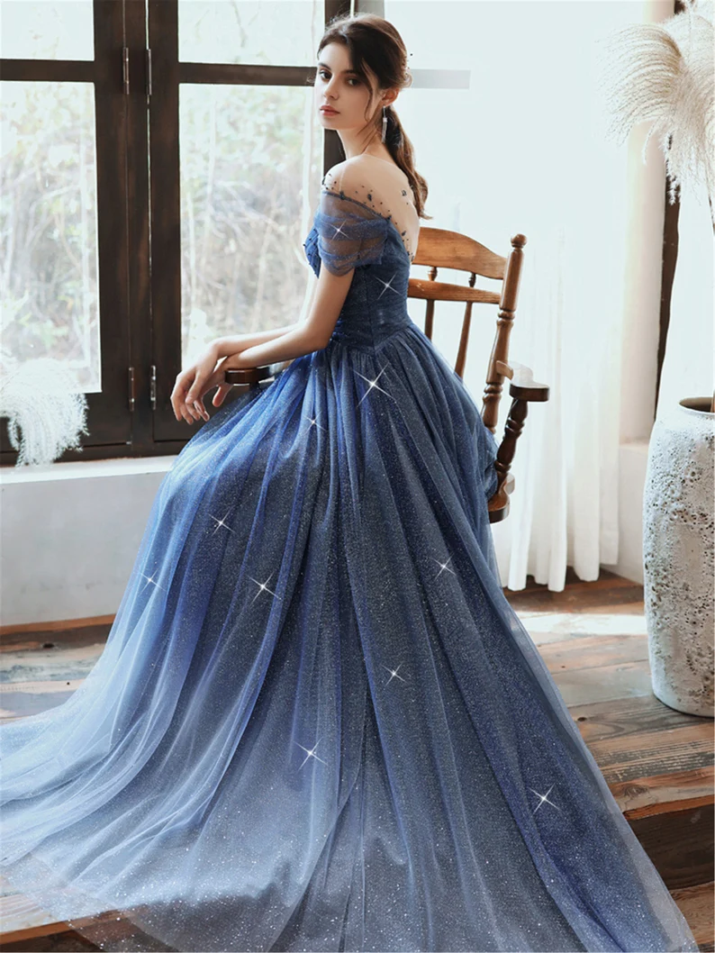 Starry Blue Prom Dress Off Shoulder Floral Event Dress Sparkling Long Party Dress Aline Event Dress Gradient Long Dress Fairy Glitter Dress gh2637