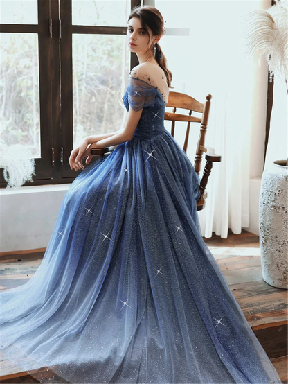 Starry Blue Prom Dress Off Shoulder Floral Event Dress Sparkling Long Party Dress Aline Event Dress Gradient Long Dress Fairy Glitter Dress gh2637