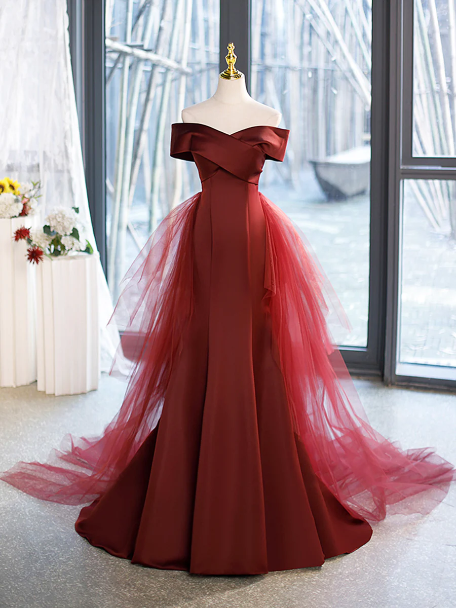 Mermaid V-Neck Satin Long Burgundy Prom Dress with Bow P575