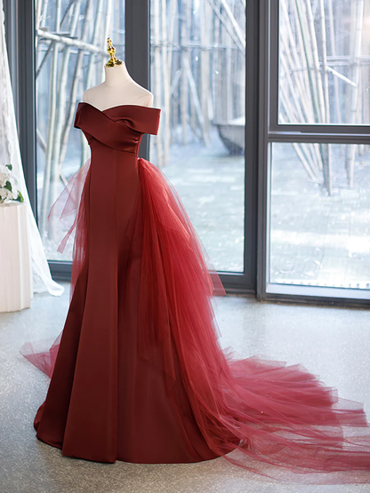 Mermaid V-Neck Satin Long Burgundy Prom Dress with Bow P575