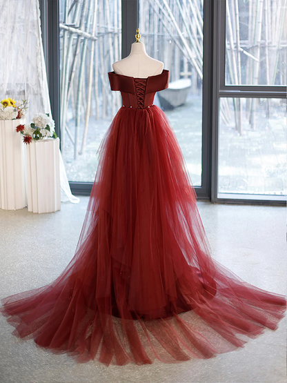 Mermaid V-Neck Satin Long Burgundy Prom Dress with Bow P575