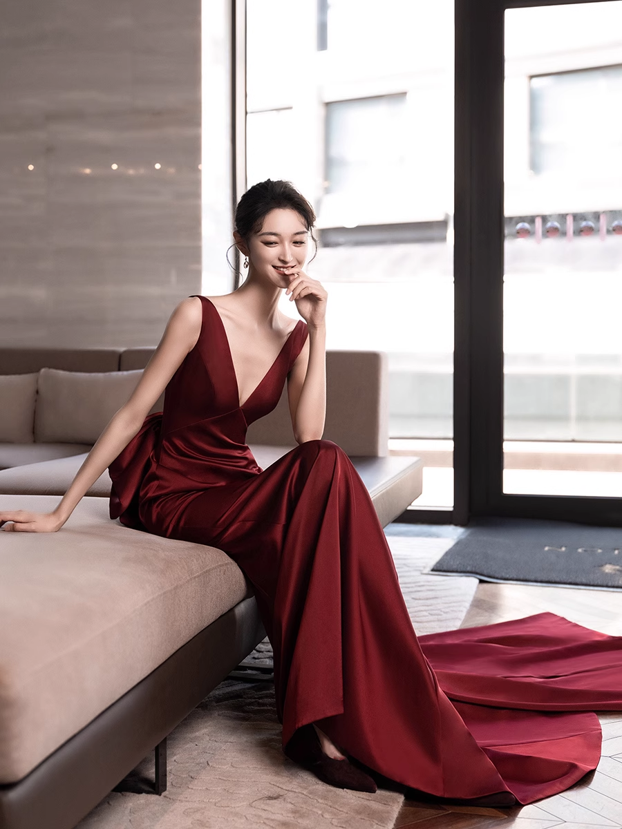 Simple Mermaid V neckline Party Dresses Long Burgundy Prom Dresses P730