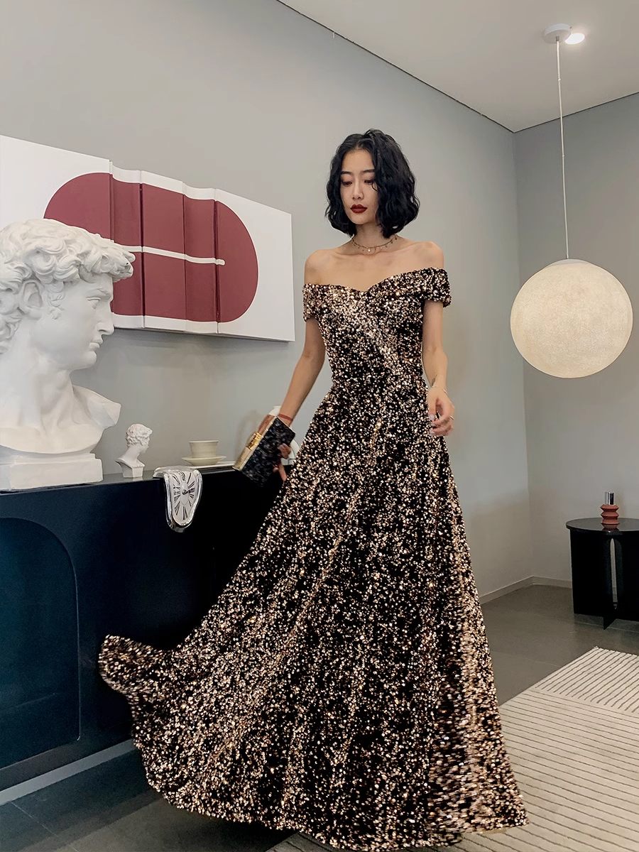 Simple A line Off The Shoulder Sequin Party Dresses Long Black Prom Dresses P732