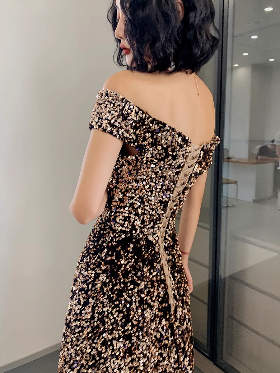 Simple A line Off The Shoulder Sequin Party Dresses Long Black Prom Dresses P732