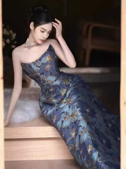 Vintage A line Strapless Party Dresses Long Blue Prom Dresses P943