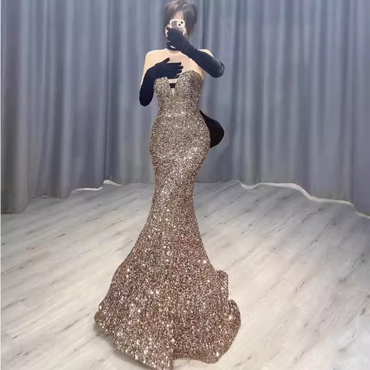 Vintage Mermaid Strapless Party Dresses Long Sequin Prom Dresses P944