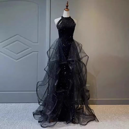 Vintage A line Halter Black Party Dresses Sequin Prom Dresses P946