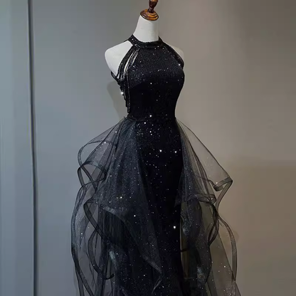 Vintage A line Halter Black Party Dresses Sequin Prom Dresses P946