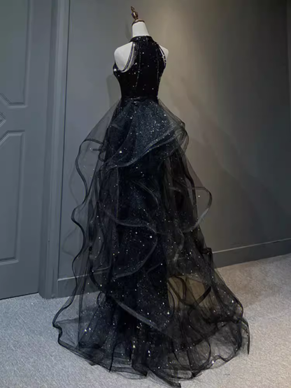 Vintage A line Halter Black Party Dresses Sequin Prom Dresses P946