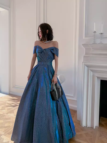 Simple A line Off The Shoulder Blue Prom Dresses Evening Dress P2147