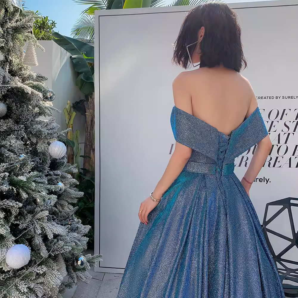 Simple A line Off The Shoulder Blue Prom Dresses Evening Dress P2147