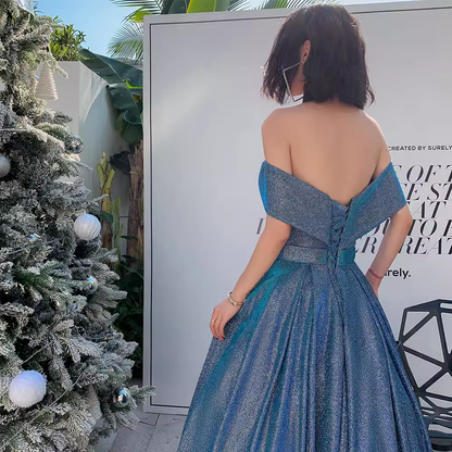 Simple A line Off The Shoulder Blue Prom Dresses Evening Dress P2147