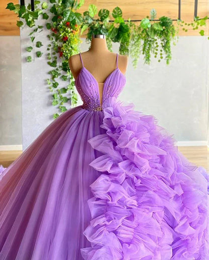 Purple gorgeous fashion V-neck beaded long tulle floor-length trailing ball gown prom dress evening gown wedding dress gh1803
