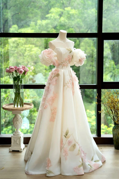 amakanas- Vintage Pink-White 3D Floral Off-Shoulder Swing Forest-Style Evening Gown gh6033