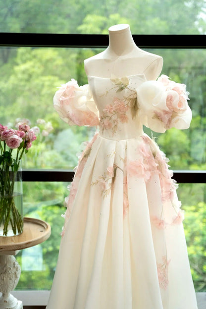 amakanas- Vintage Pink-White 3D Floral Off-Shoulder Swing Forest-Style Evening Gown gh6033