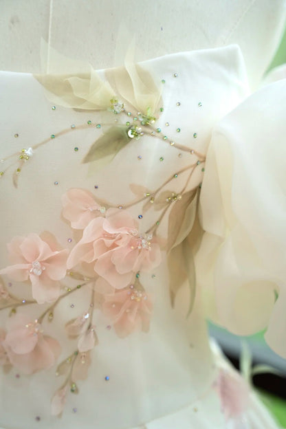 amakanas- Vintage Pink-White 3D Floral Off-Shoulder Swing Forest-Style Evening Gown gh6033