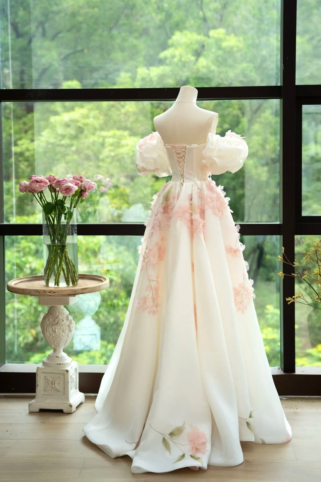 amakanas- Vintage Pink-White 3D Floral Off-Shoulder Swing Forest-Style Evening Gown gh6033