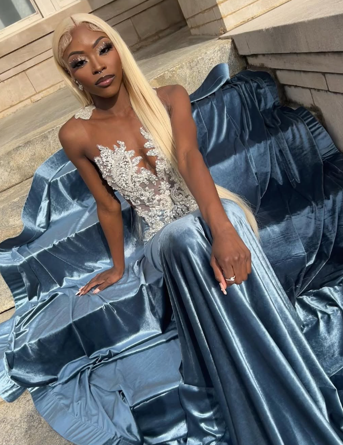 Blue Velvet Appliques Bead Meemaid Long Prom Dress Formal Evening Dress SH975