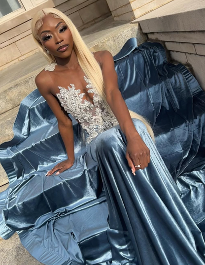 Blue Velvet Appliques Bead Meemaid Long Prom Dress Formal Evening Dress SH975