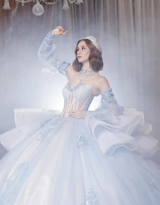 Baby Blue Sweetheart Neck Appliques Beaded Tulle Prom Dress Quinceanera Dress Ball Gown SH2352