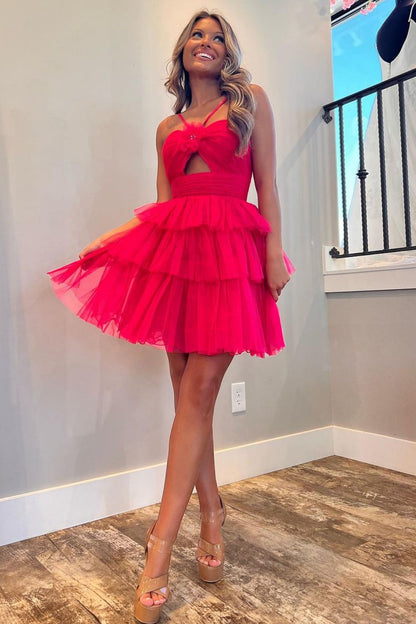 Red A-Line Silhouette with Halter Neck and Layered Tulle Skirt Homecoming Dress